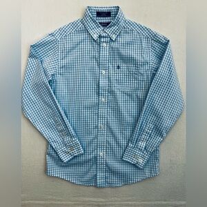 IZOD Classic Blue Gingham Button Down Shirt Boys Medium 10/12 Stretch Cotton